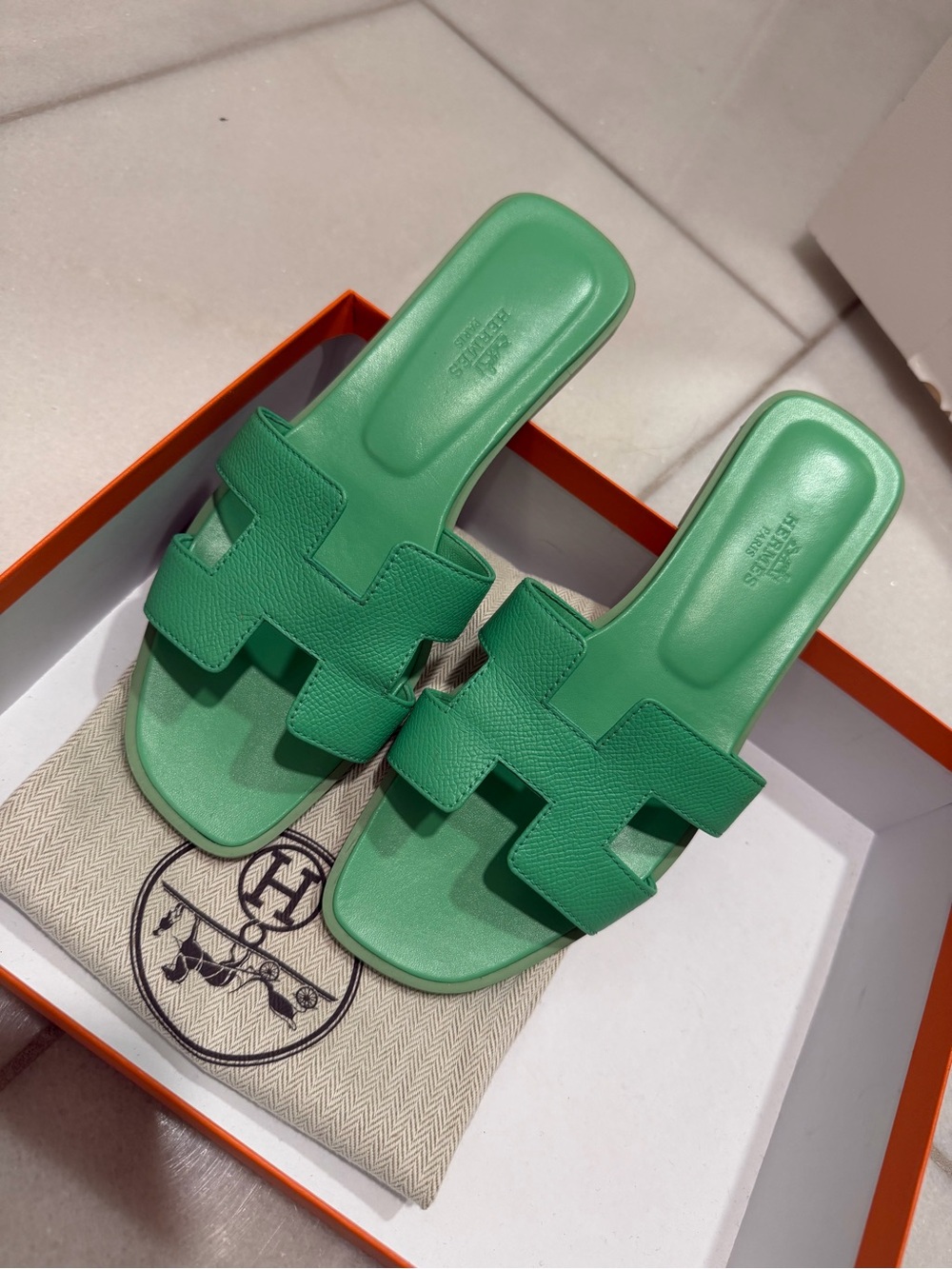Hermes Green H-Cut Leather Slide Sandals